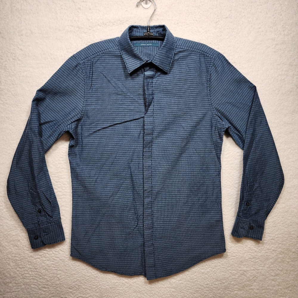 Perry Ellis Mens Blue Geometric Textured Long Sleeve Button Down Shirt Medium